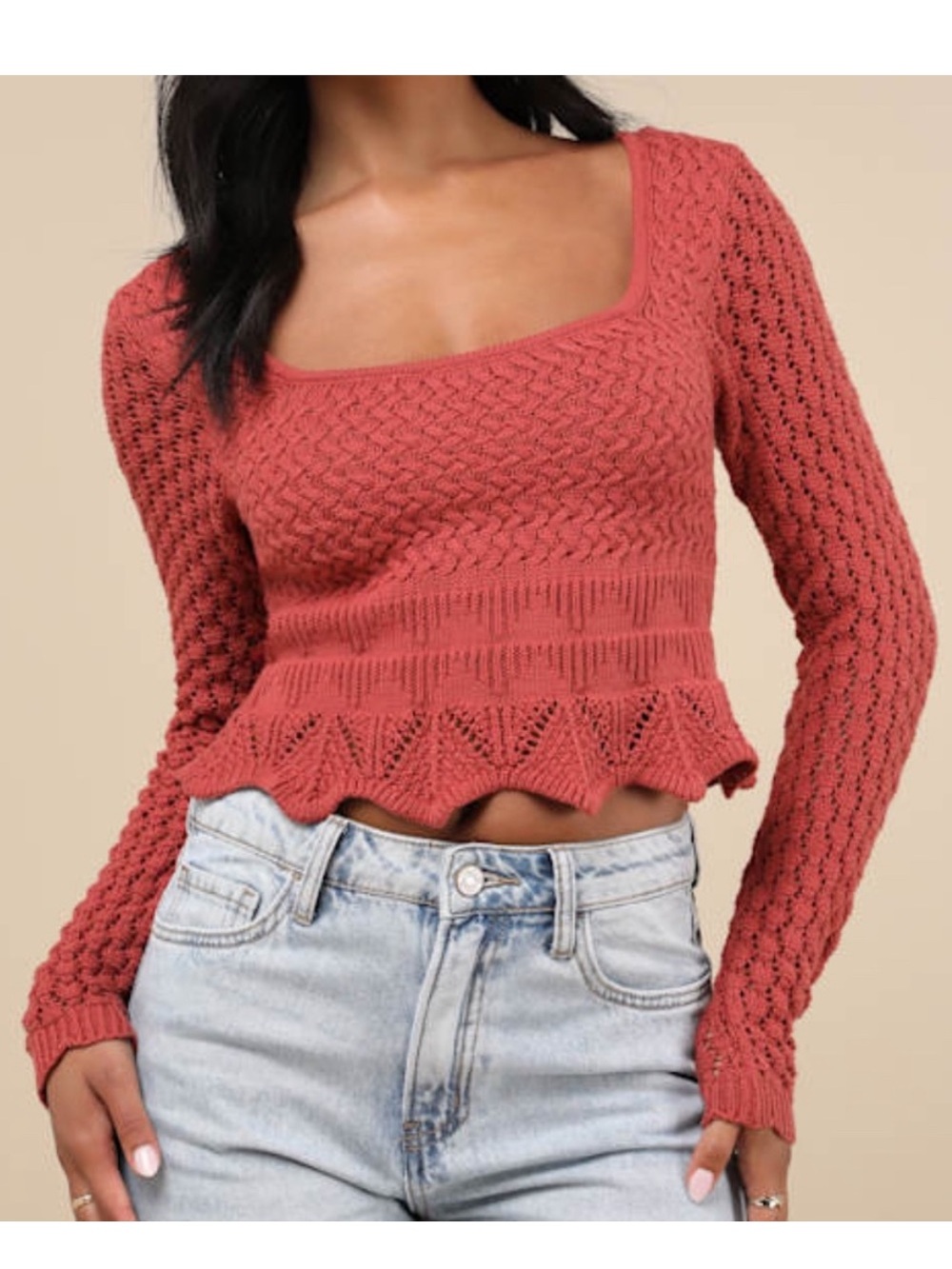 Lulu's Rust Red lucky Crochet Long Sleeve Sweater Top M